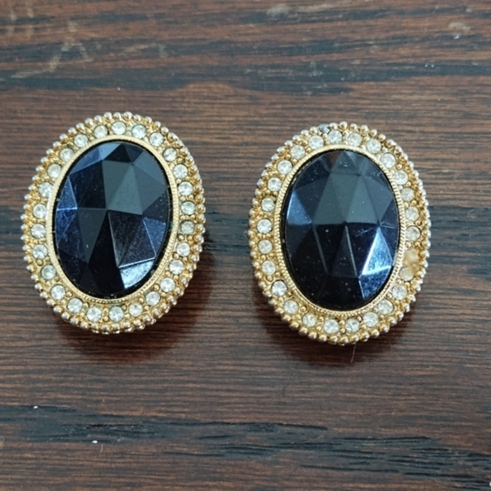 Vintage Clip On Earrings Black Cushion Oval Center With Rhinestone Halo